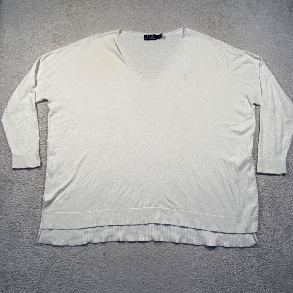 Polo Ralph Lauren Womens VNeck Long Sleeve Sweater Cream L Oversized Lightweight